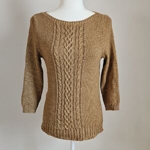 Lauren Ralph Lauren PM Cable Knit Gold Mettalic Thread Boatneck Sweater Preppy